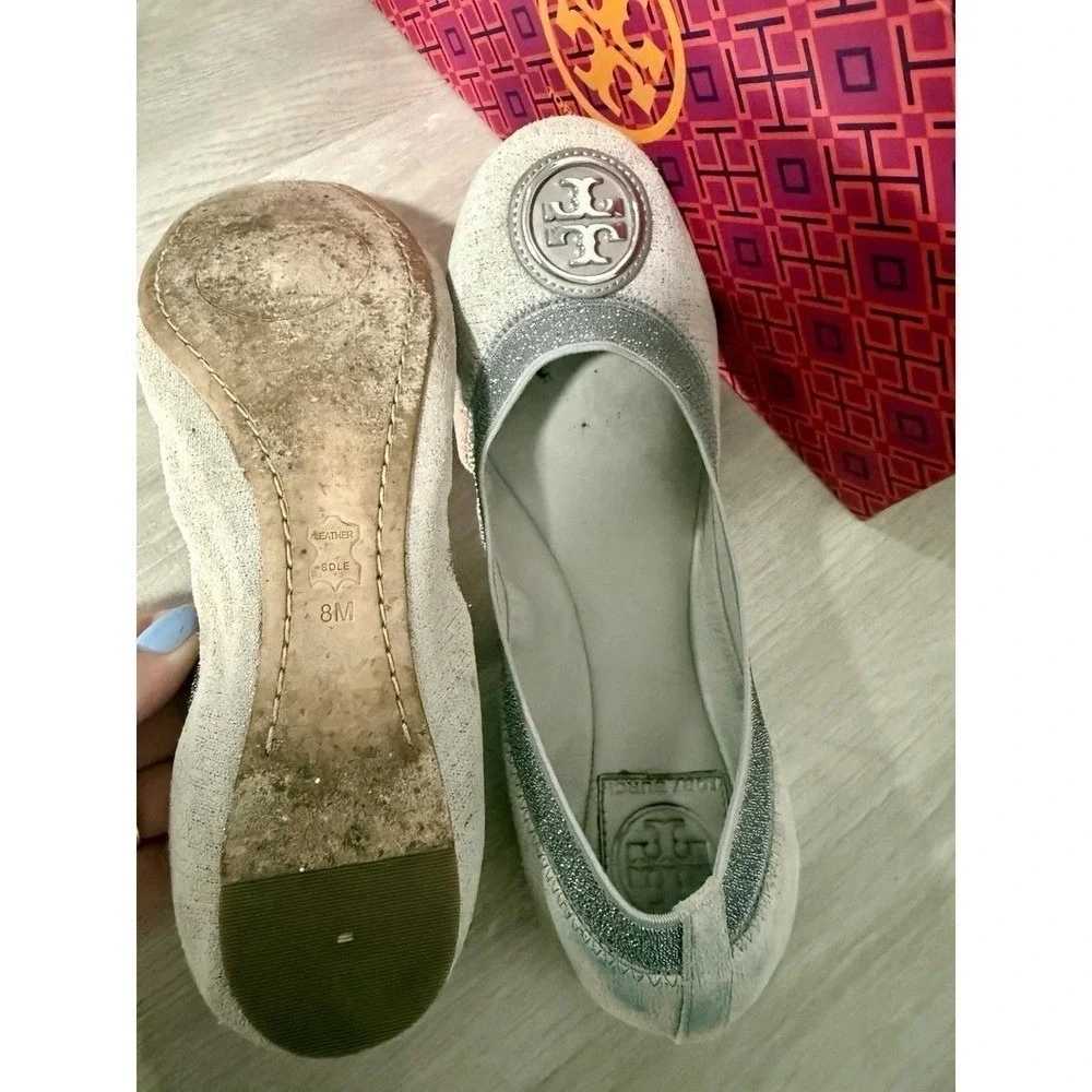 Tory Burch Ballet Flats White Glitter Embellished Logo Women Size 8M
